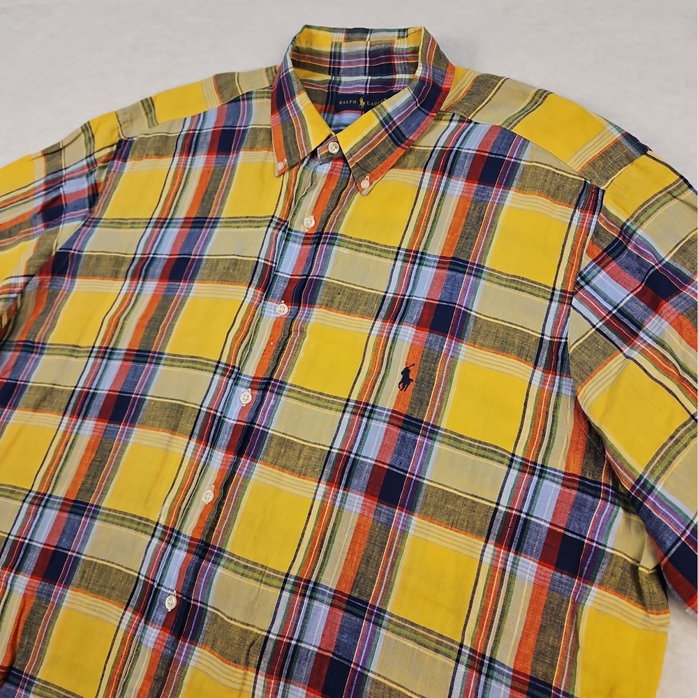 Ralph Lauren Shirt Mens 2XL Big Yellow Plaid 100% Linen Button Up Blue Pony Logo
